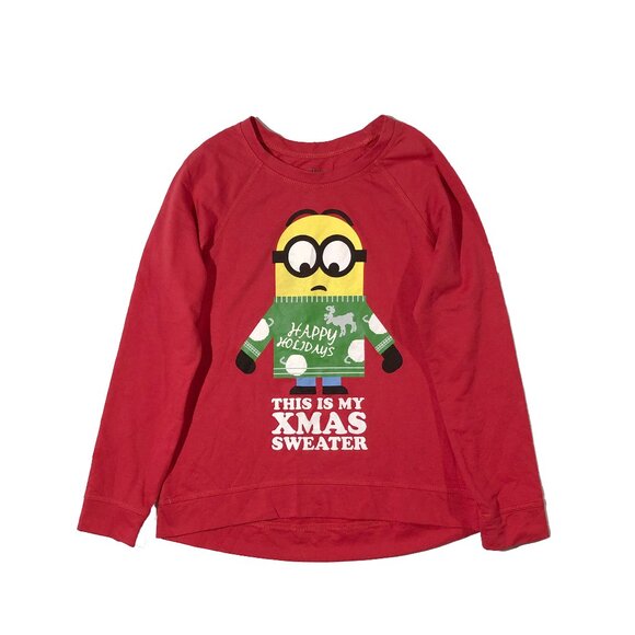 Despicable Me Minion Made Sweater Girls Sz L Red Crewneck Long Sleeve Christmas - Picture 1 of 5